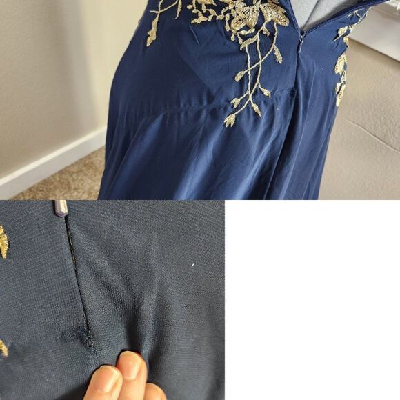 Betsy & Adam Embellished Chiffon Illusion Halter Gown Navy Gold Floral Size 8 - Picture 15 of 15